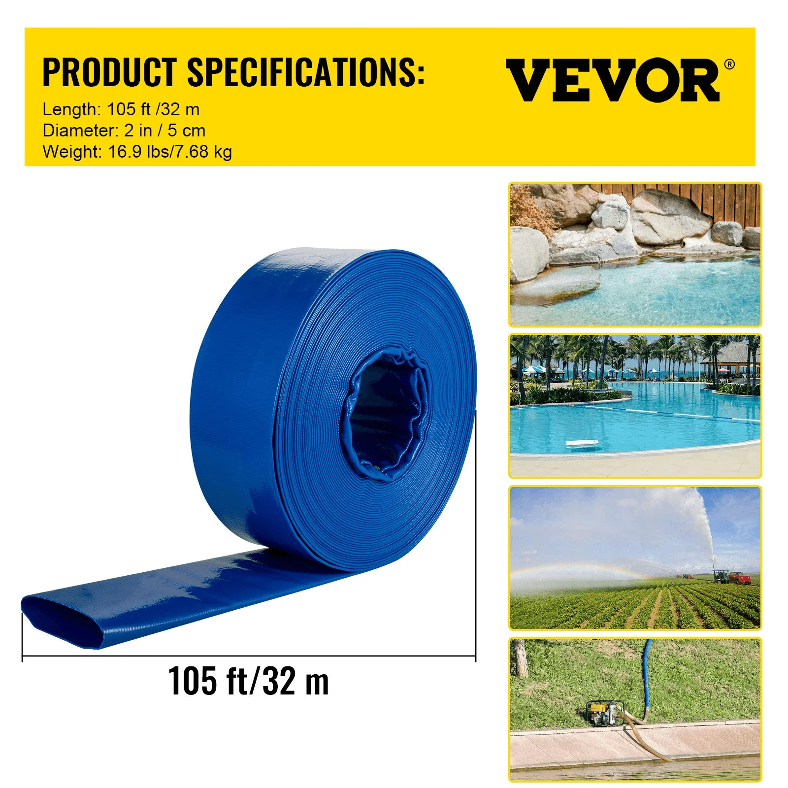 Lot De 2 Tuyaux De Lavage Piscine PVC Renforcé - 15,2 M X 3,8 Cm Chacun, Résistant Aux Intempéries Et Produits Chimiques - Pour Lavage à Contre-courant, Vidange