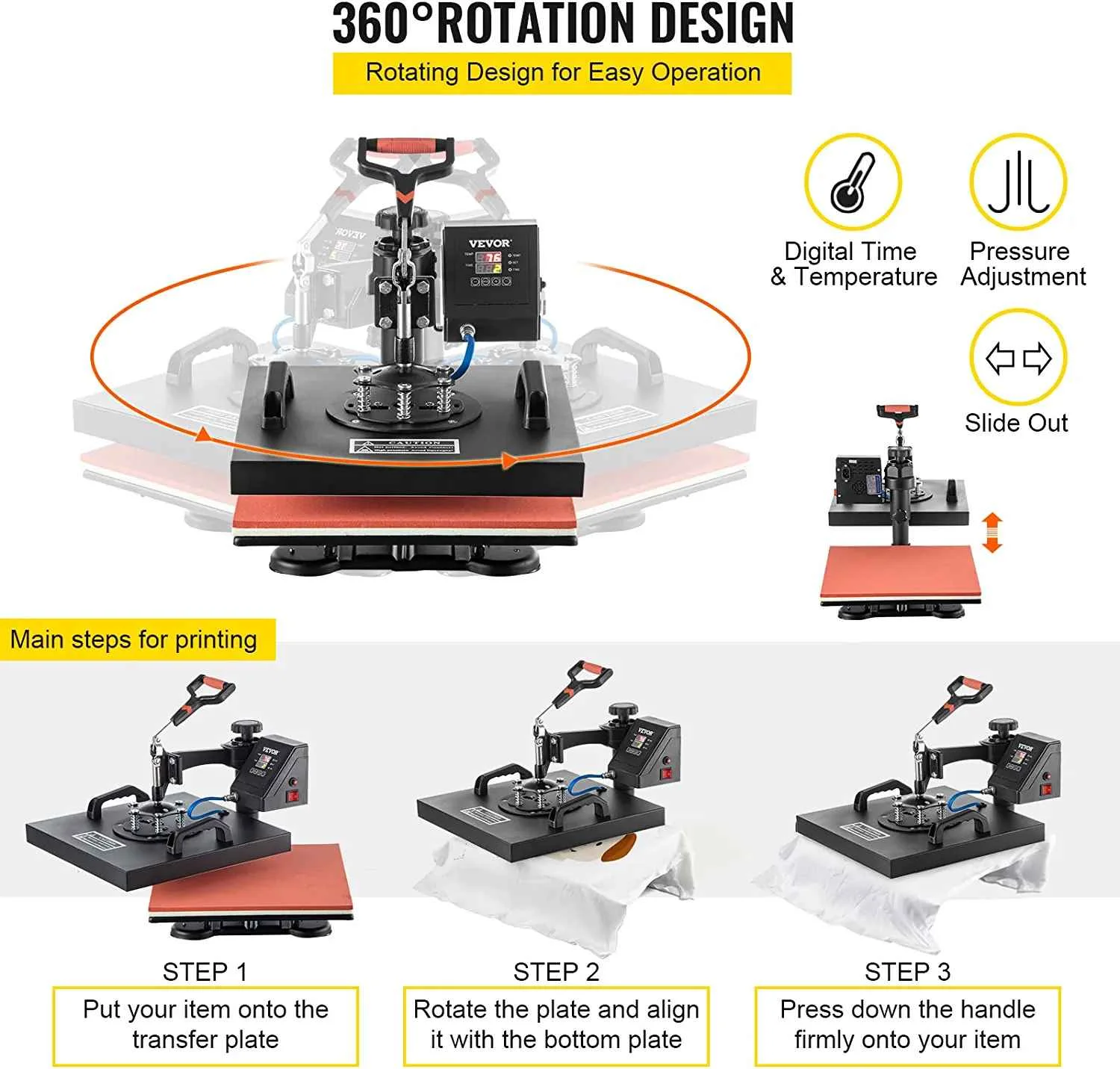 Machine de presse à chaud Vevor, conception de rotation à 360 °