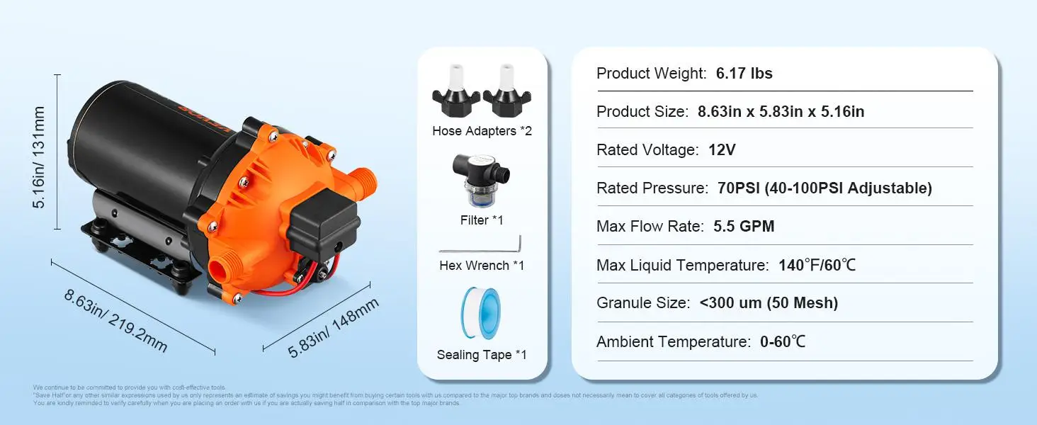 VEVOR 12V Water Pressure Diaphragm Pump Specifications