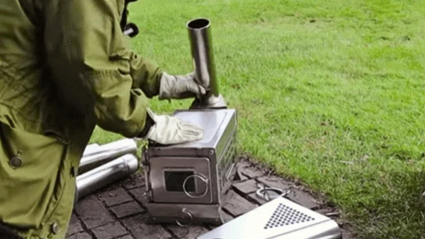 setting up chimney to camping heat stove