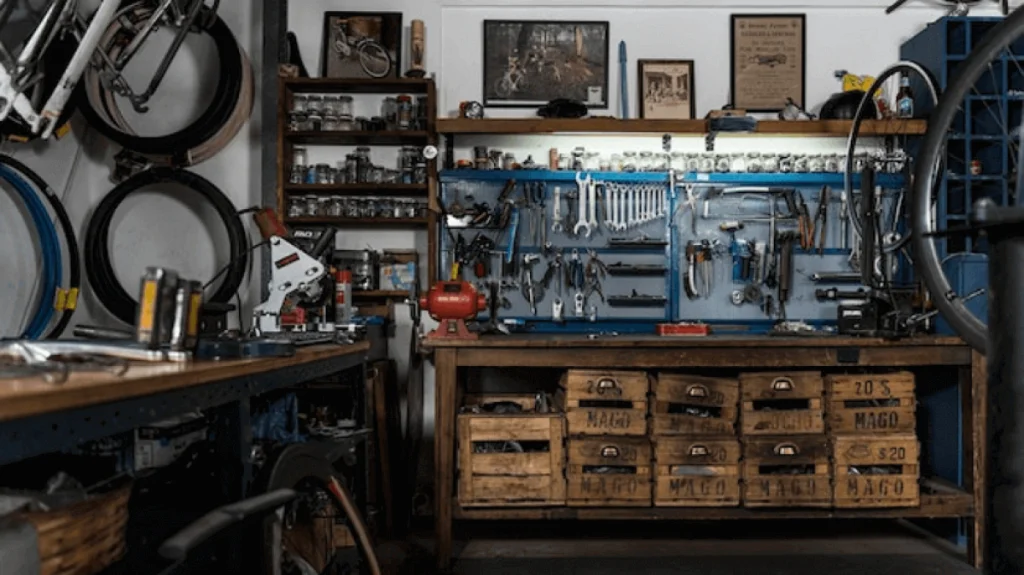 Un espacio para manualidades con un tablero perforado en la pared