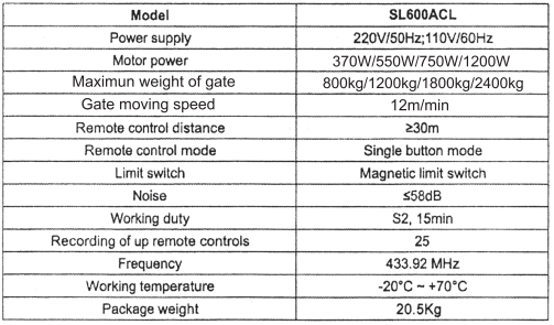 VEVOR sliding gate opener technical parameters