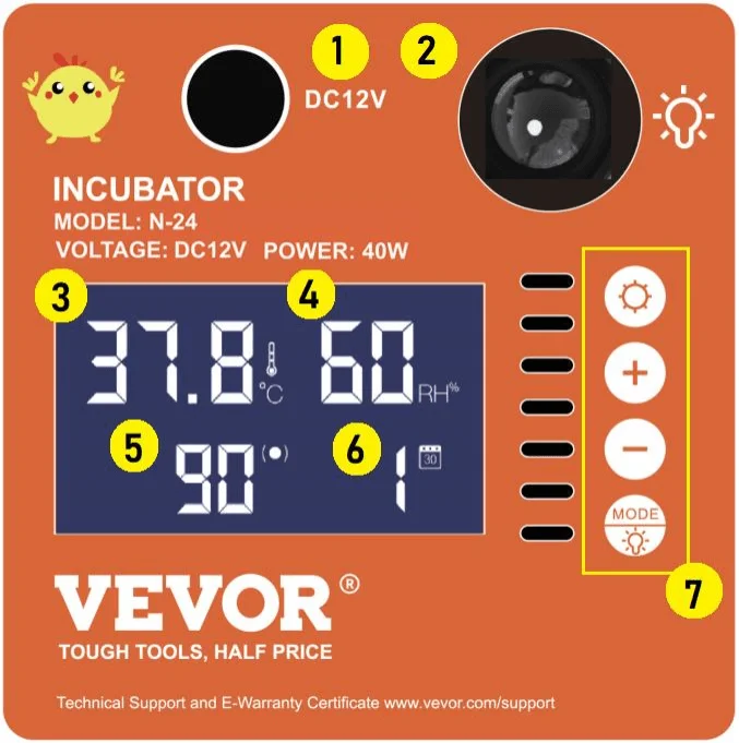 VEVOR Incubator control panel description
