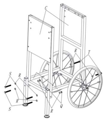Attach both HORIZONTAL SUPPORTS-BASE (E) to the same SUPPORT STAND (C) with two BOLTS (T) and one WASHER (R) each