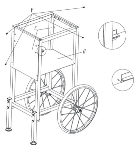 Confirm the CABINET BASE (G) is locked in place.