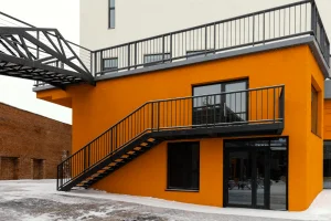 A building with a fire escape featuring DIY pipe railing