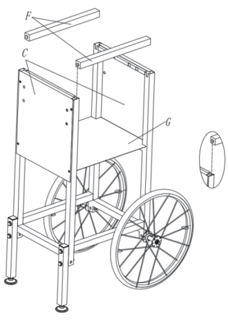 Insert both HORIZONTAL SUPPORTS-WITH SCREWS (F) into the grooves at the ends of each SUPPORT STAND