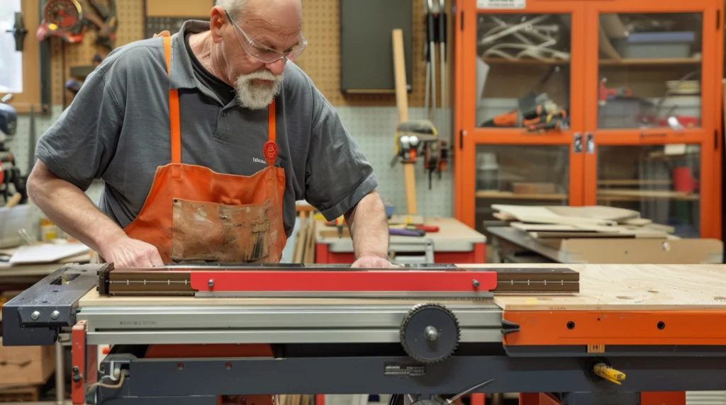A man is sharpening a table saw