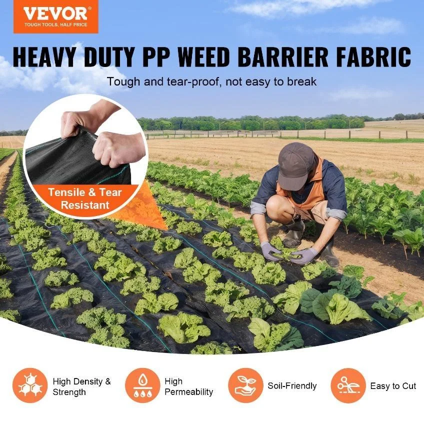 Heavy-duty PP weed barrier fabric.