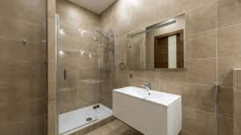 corner walk-in shower with glass door